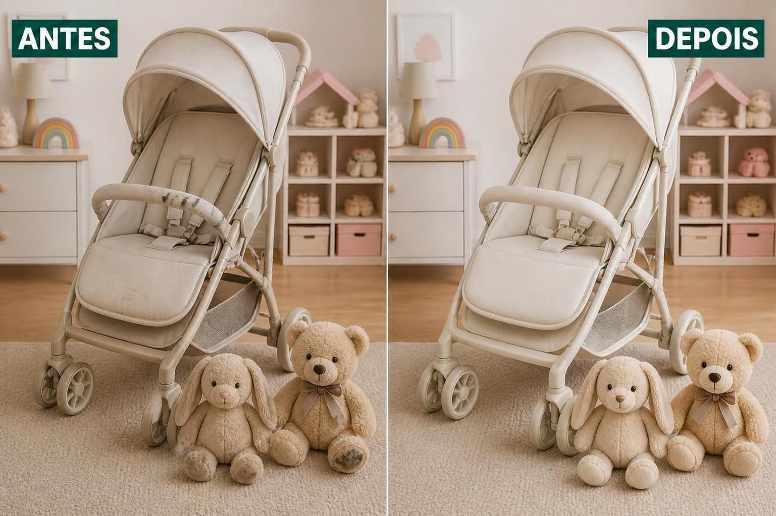 Comparação antes e depois da higienização de uma cadeira de bebê