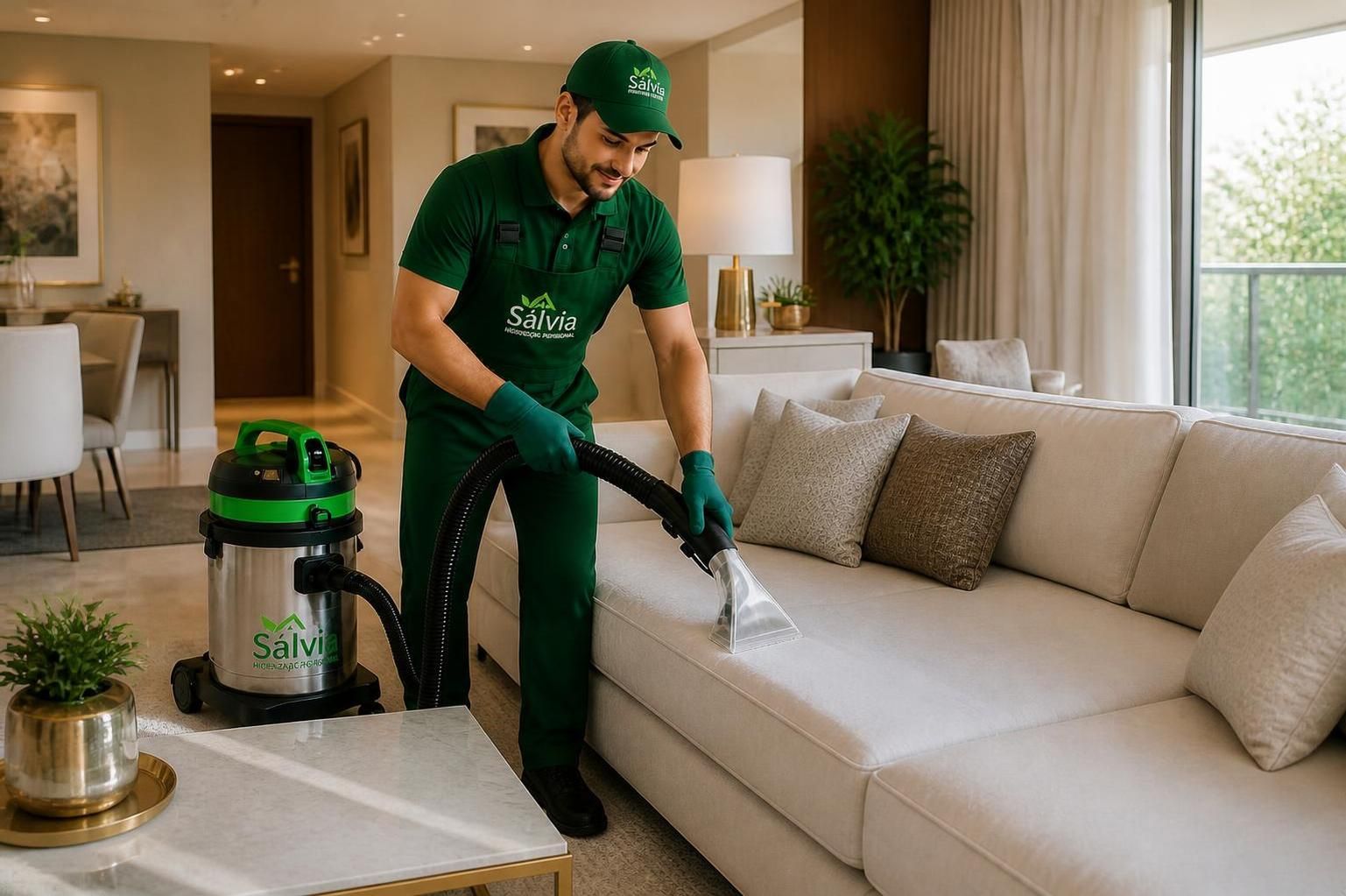 Profissional da Sálvia higienizando um sofá em uma sala